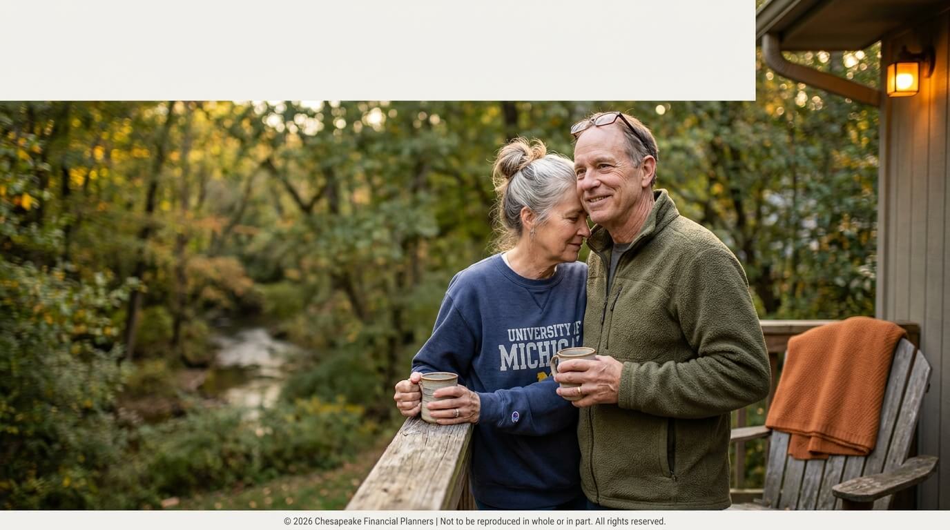 Older couple leaning on a wooden railing, smiling, holding mugs on a sunlit backyard deck.