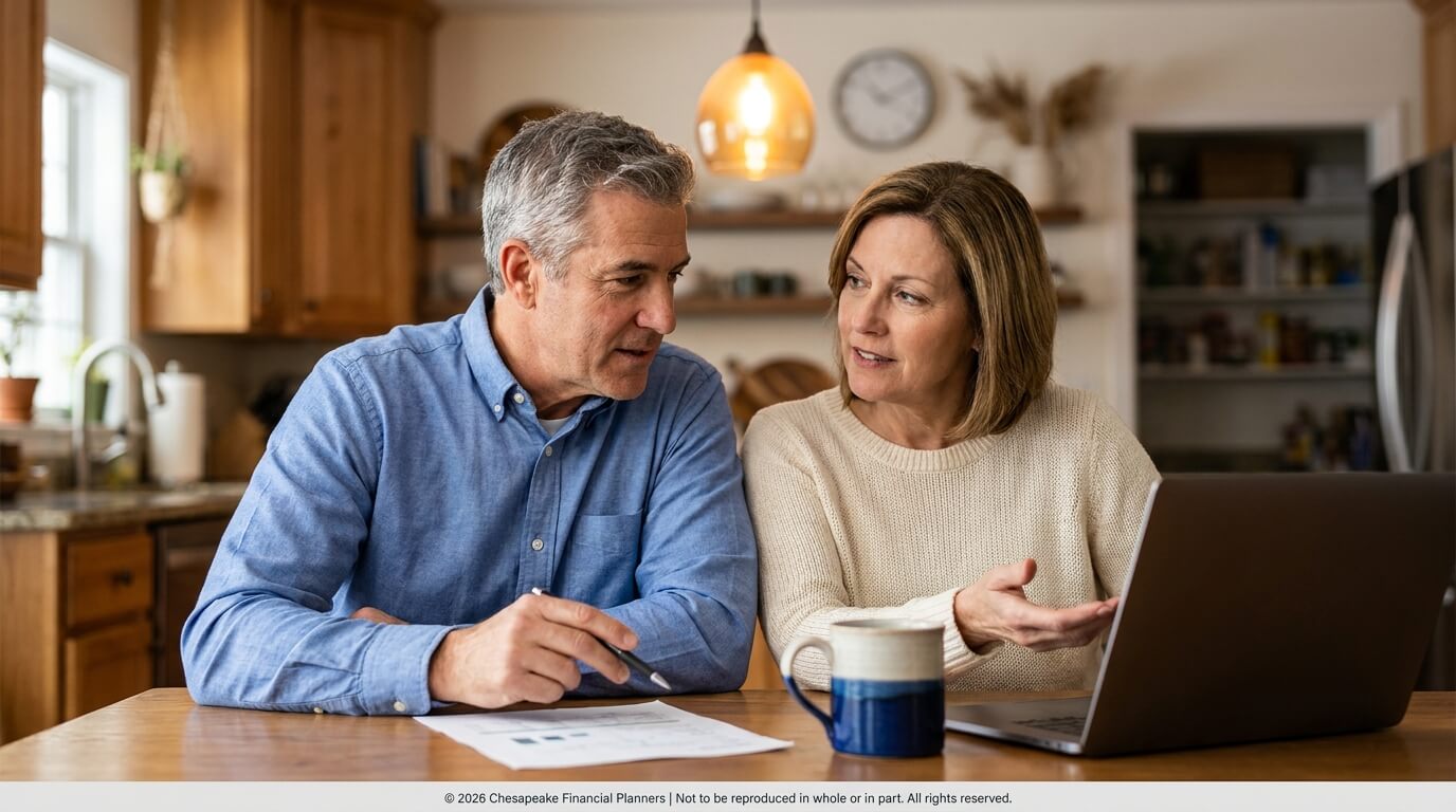 Couple at a kitchen table reviewing financial documents with a laptop nearby.
