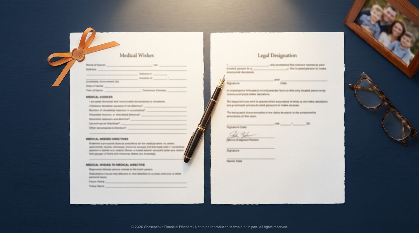 Two forms titled Medical Wishes and Legal Designation on a dark desk with a pen, ribboned seal, glasses, and a photo frame nearby.