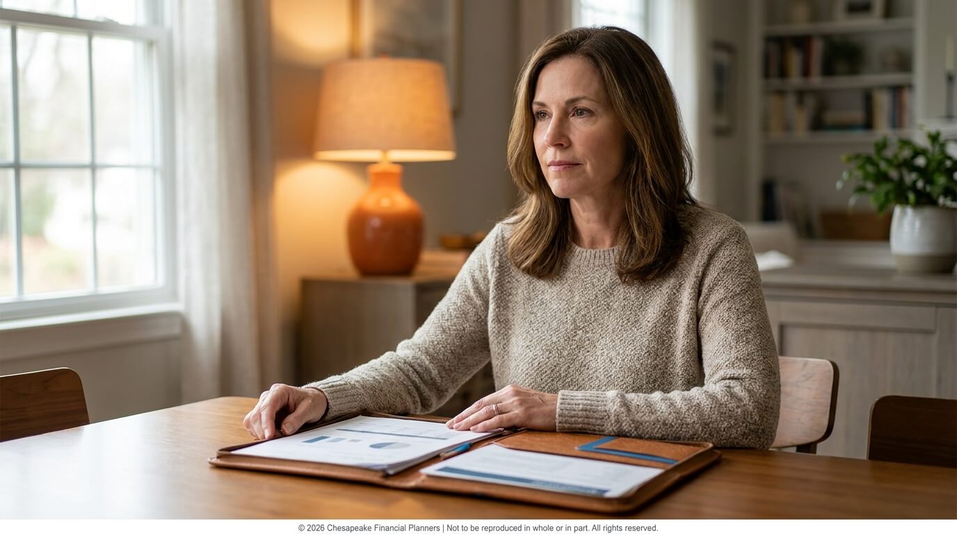 Woman in a beige sweater sits at a wooden table reviewing documents in a cozy home office with a lamp and bookcase in the background.
