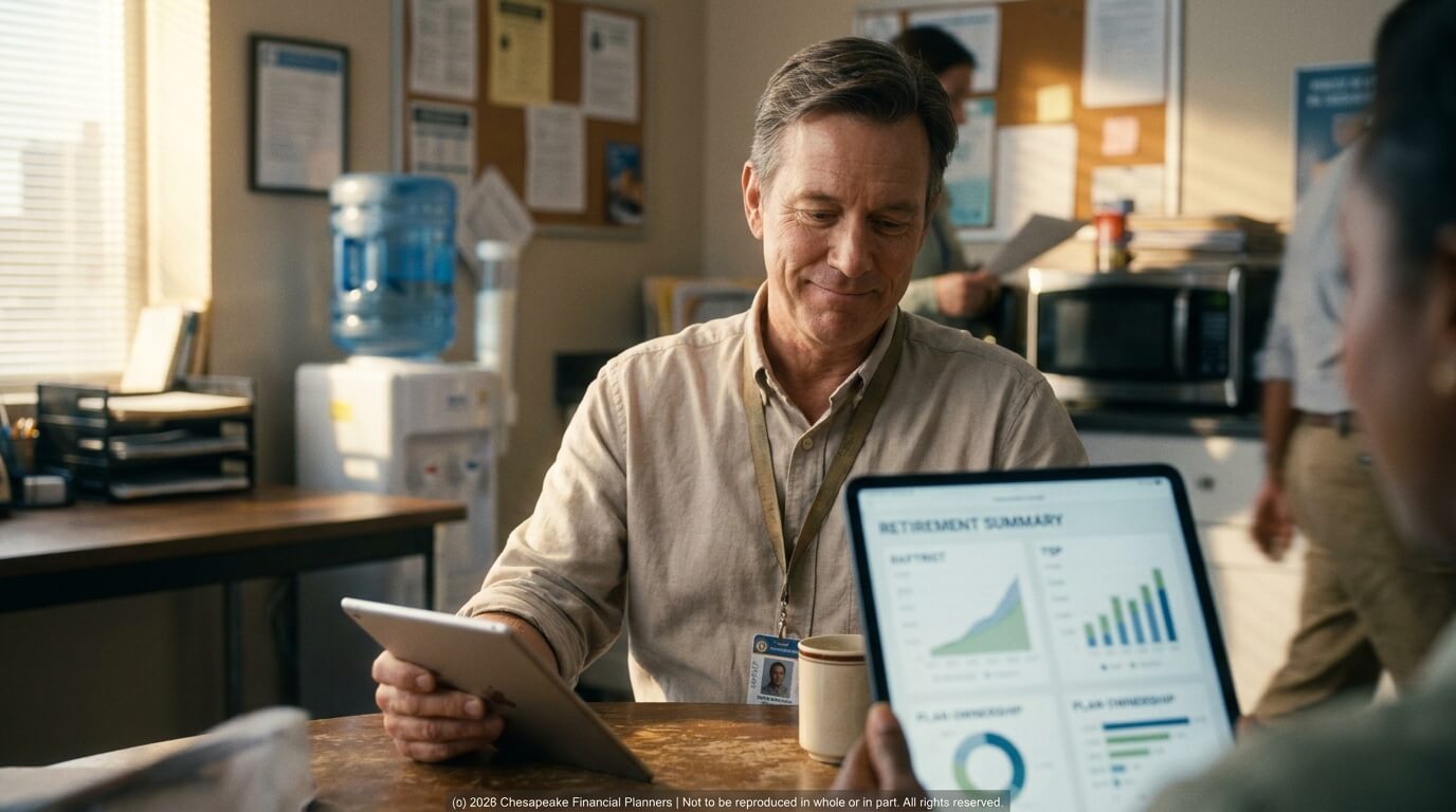 Man with a lanyard badge sits at a table, looking at a tablet in a bright office setting.