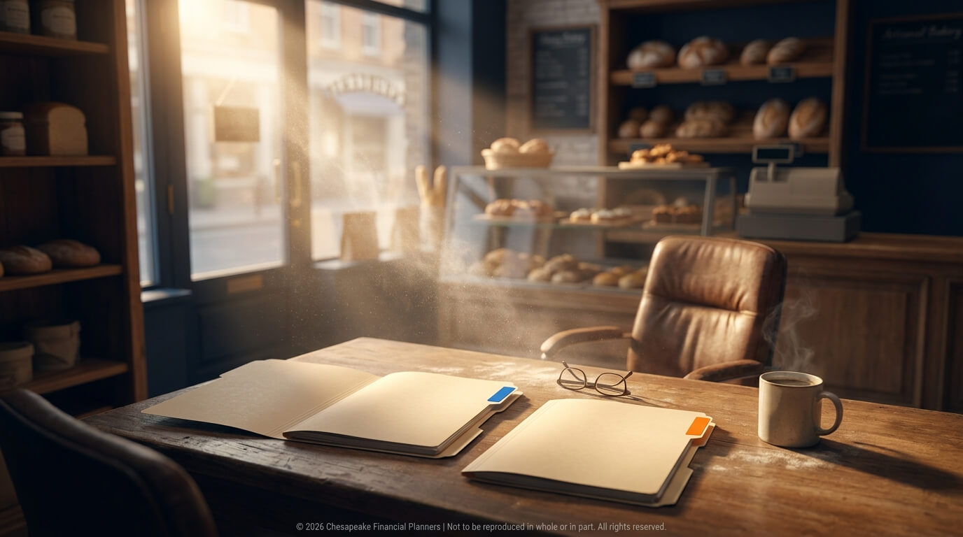 Sunlit bakery cafe scene with two open notebooks, glasses, and a steaming mug on a wooden table, bread shelves in the background
