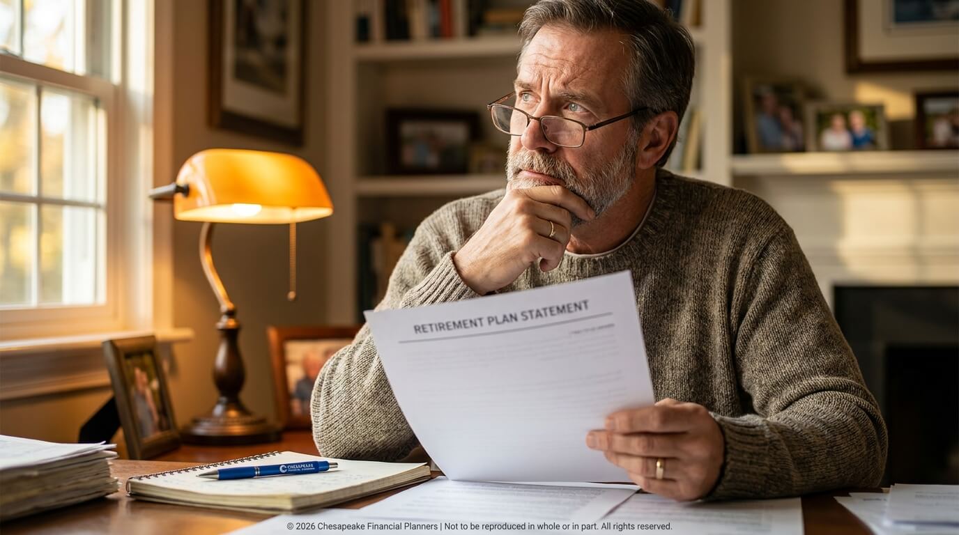 Older man in a brown sweater studies a retirement plan statement at a wooden desk, thoughtful and focused by a window lamp.