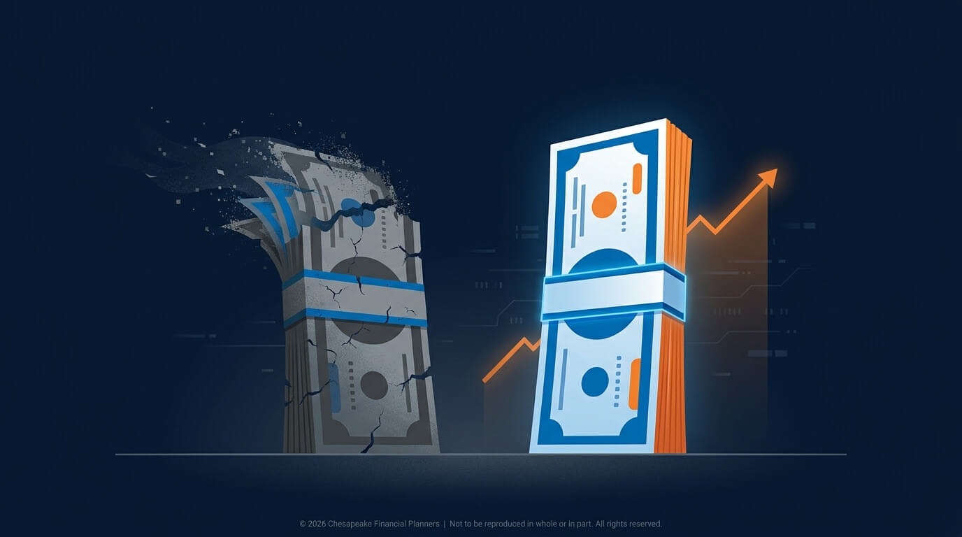 Stacks of dollar bills, one cracked and worn, beside a neat bundle with an upward orange arrow indicating financial growth.