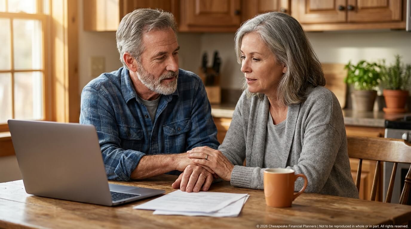 Older couple at a kitchen table, holding hands while looking at a laptop and financial papers.