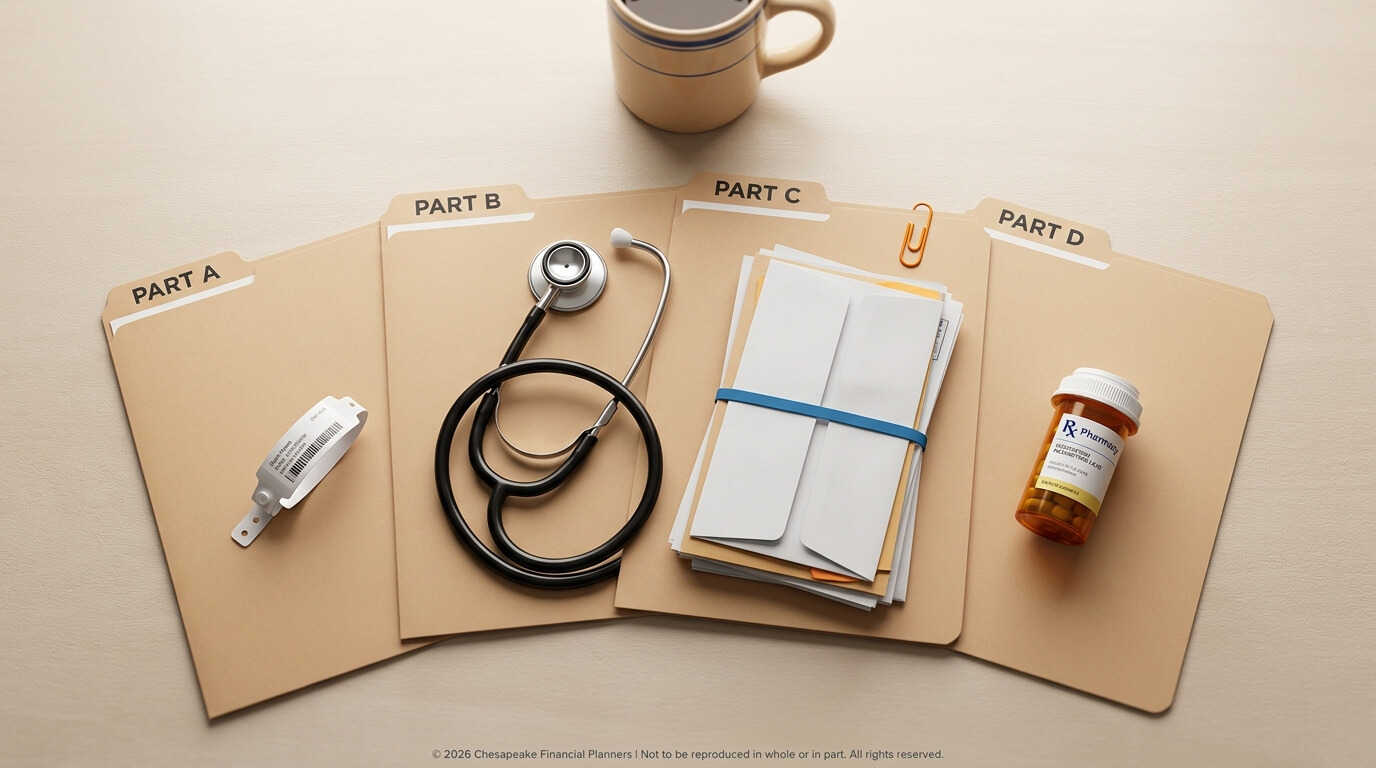 Desk with beige folders labeled Part A–D, a stethoscope, a pill bottle, and a stack of documents bound with a blue rubber band.”,
