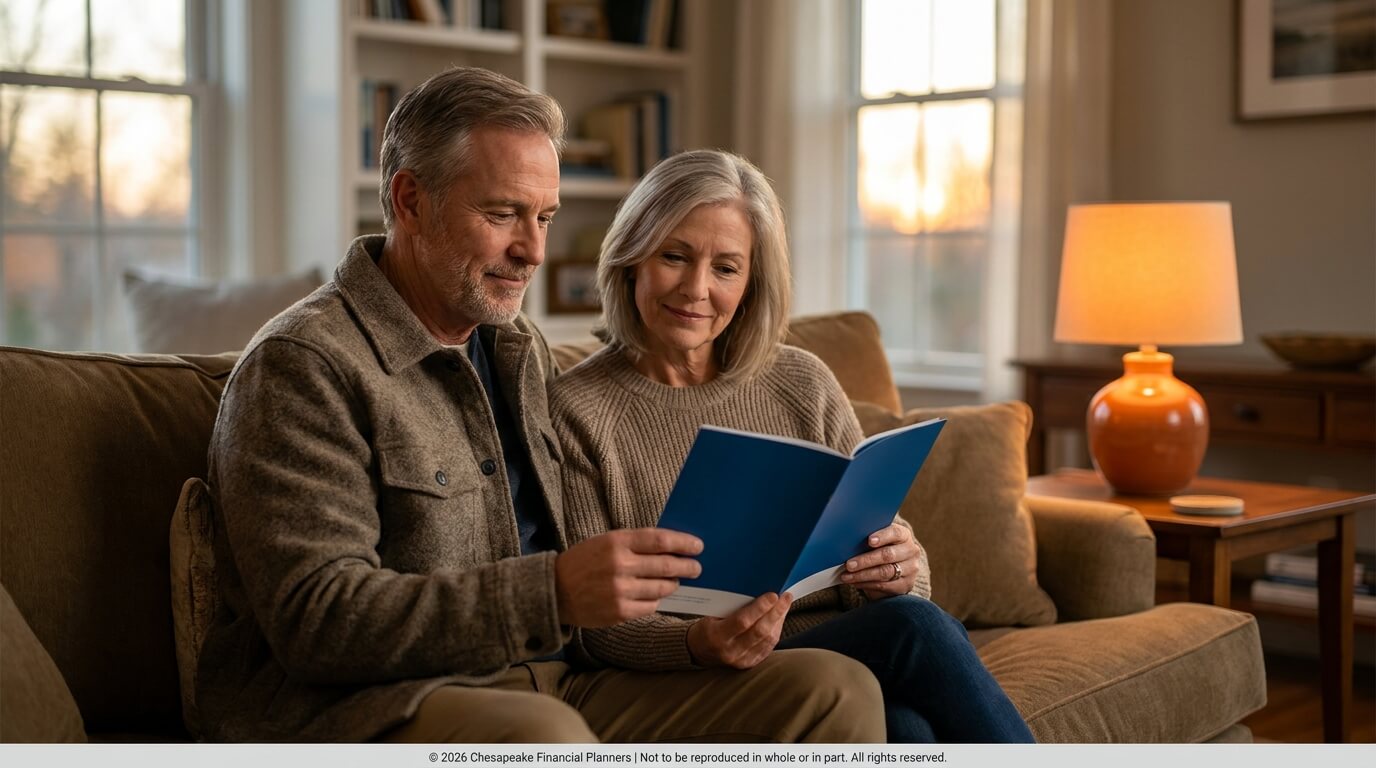 Couple reading a blue booklet together on a beige sofa in a cozy living room at sunset.