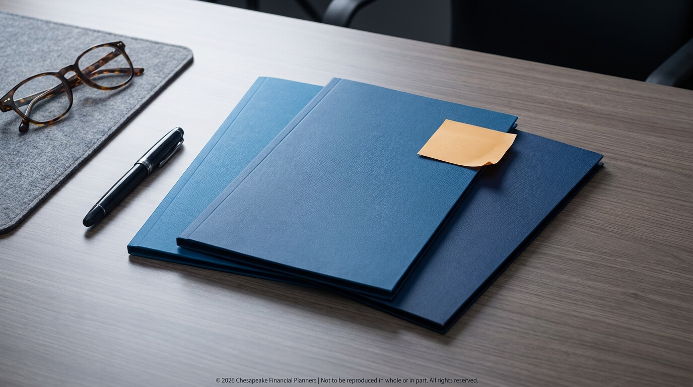 Blue document folders stacked on a light wood desk with a yellow sticky note attached, accompanied by a black fountain/ballpoint pen and tortoiseshell glasses on a gray desk mat.