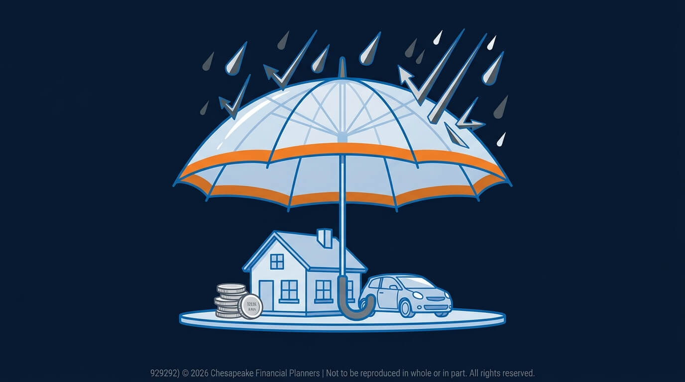 Umbrella shielding a house and a car from rain on a circular platform, with coins nearby, symbolizing insurance protection.
