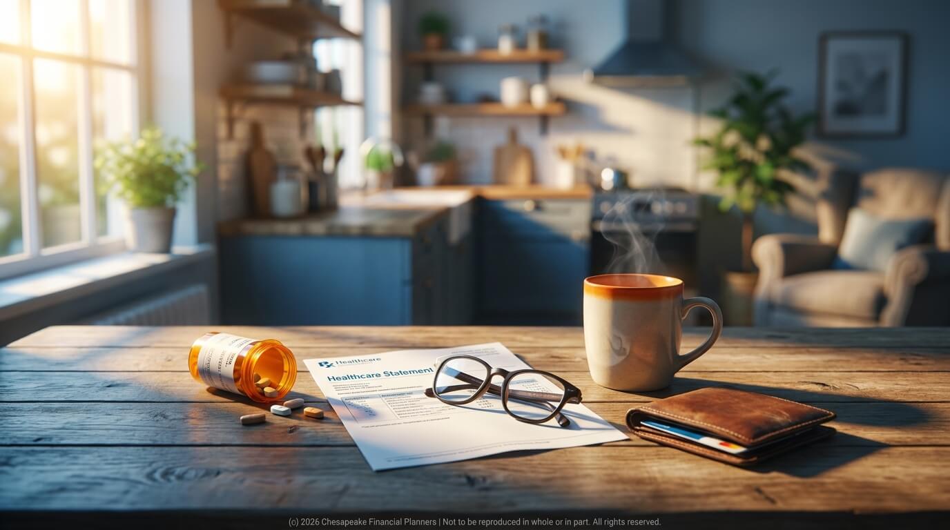 Pill bottle spilled pills on a wooden table with a healthcare statement, glasses, a coffee mug, and a wallet in a sunlit kitchen.