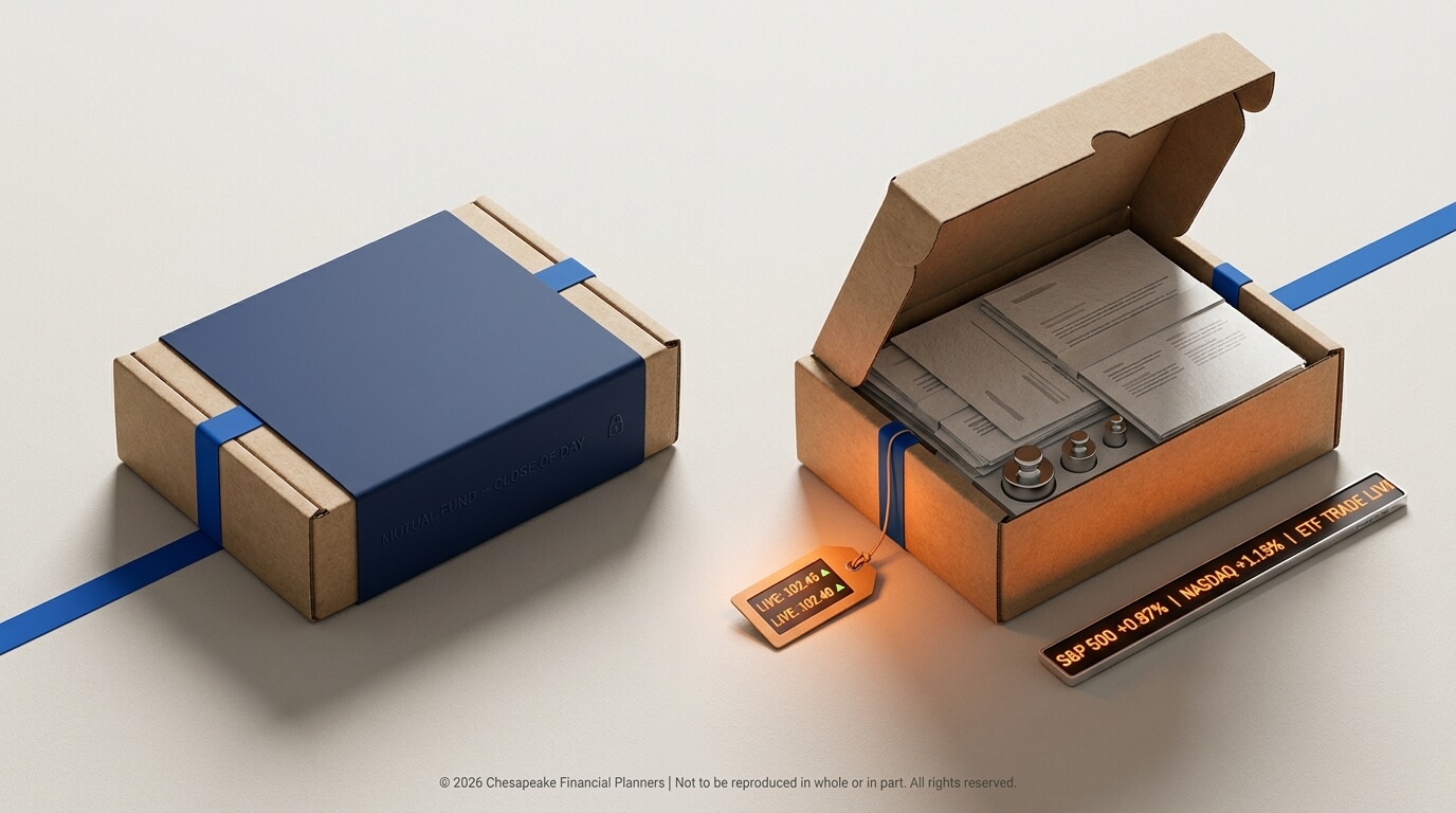 Two cardboard boxes with blue straps—one closed, one open with financial documents and a live stock ticker strip beside it.