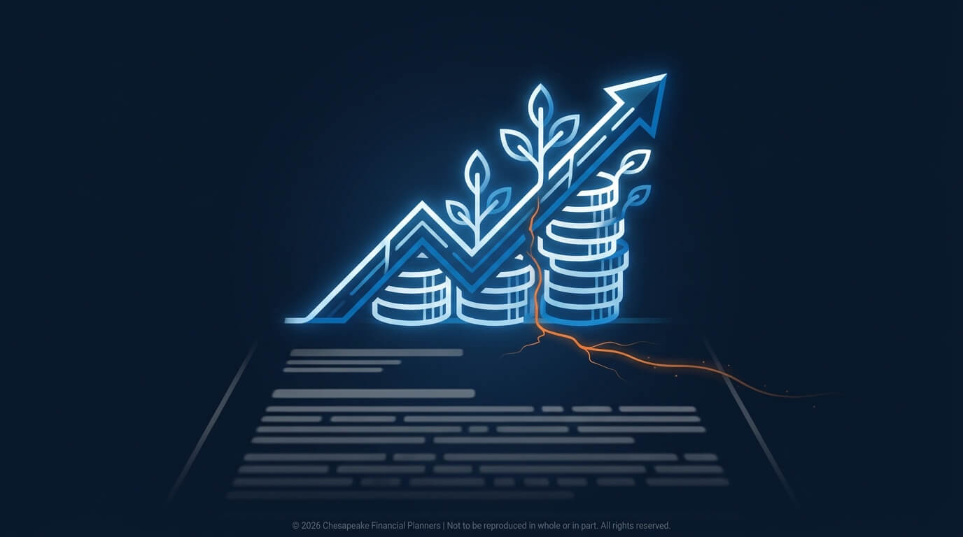 Neon blue rising arrow chart with plant growth and coin stacks emerging from a document, symbolizing financial growth and investments.