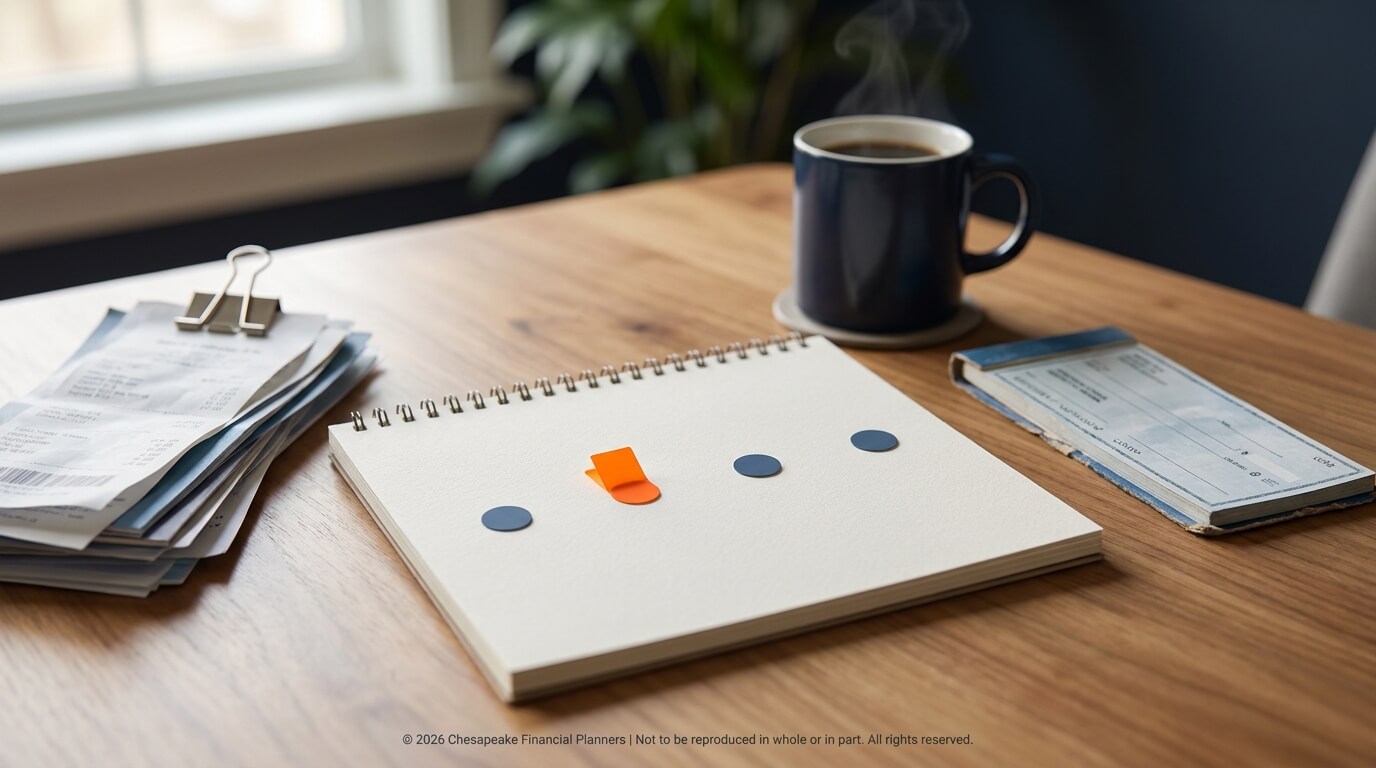 Desk scene: spiral notebook with an orange tab and blue markers, receipts on the left, a checkbook on the right, and a steaming coffee mug nearby.
