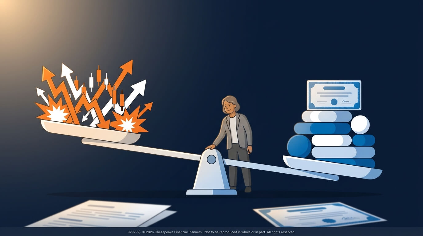 Businessperson balancing a scale: chaotic arrows and bursts on the left vs a stack of books and a certificate on the right, symbolizing risk vs knowledge exchange