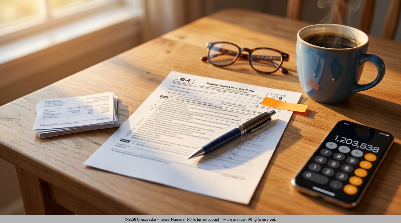 W-4 tax form on a wooden desk with a pen, reading glasses, receipts, sticky note, a blue coffee mug, and a smartphone displaying a calculator.