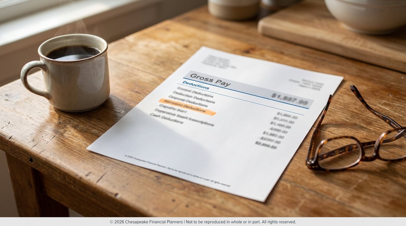 A ceramic mug of coffee on a wooden table next to a printed payroll form labeled 'Gross Pay Deductions' and a pair of reading glasses nearby.