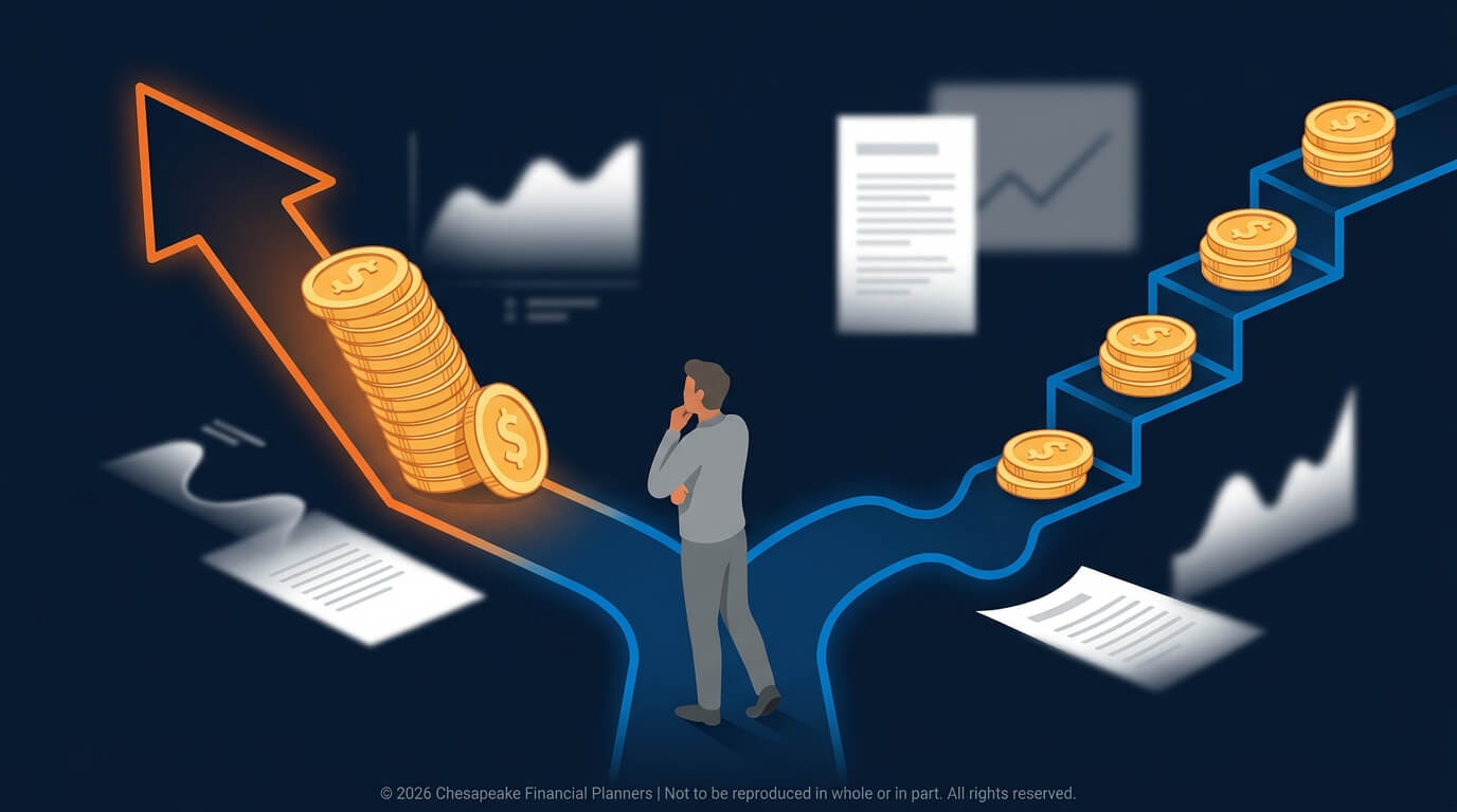 Man stands at a fork in a financial graph, coins stacked along a rising orange arrow and a blue staircase, symbolizing growing investments.