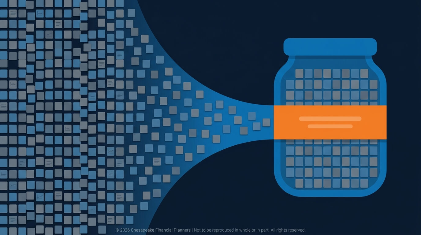 Abstract illustration of a blue medicine bottle with an orange label on a dark background, with a mosaic of squares dispersing to the left.
