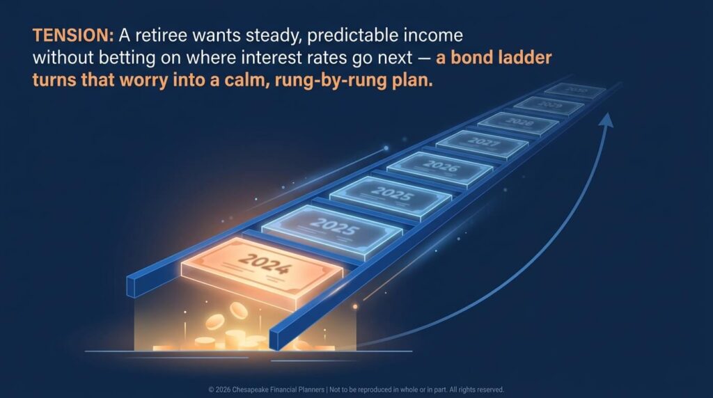 Illustration of a bond ladder with blocks labeled 2024–2036 on a rising ramp, coins at the base, symbolizing a steady income plan.
