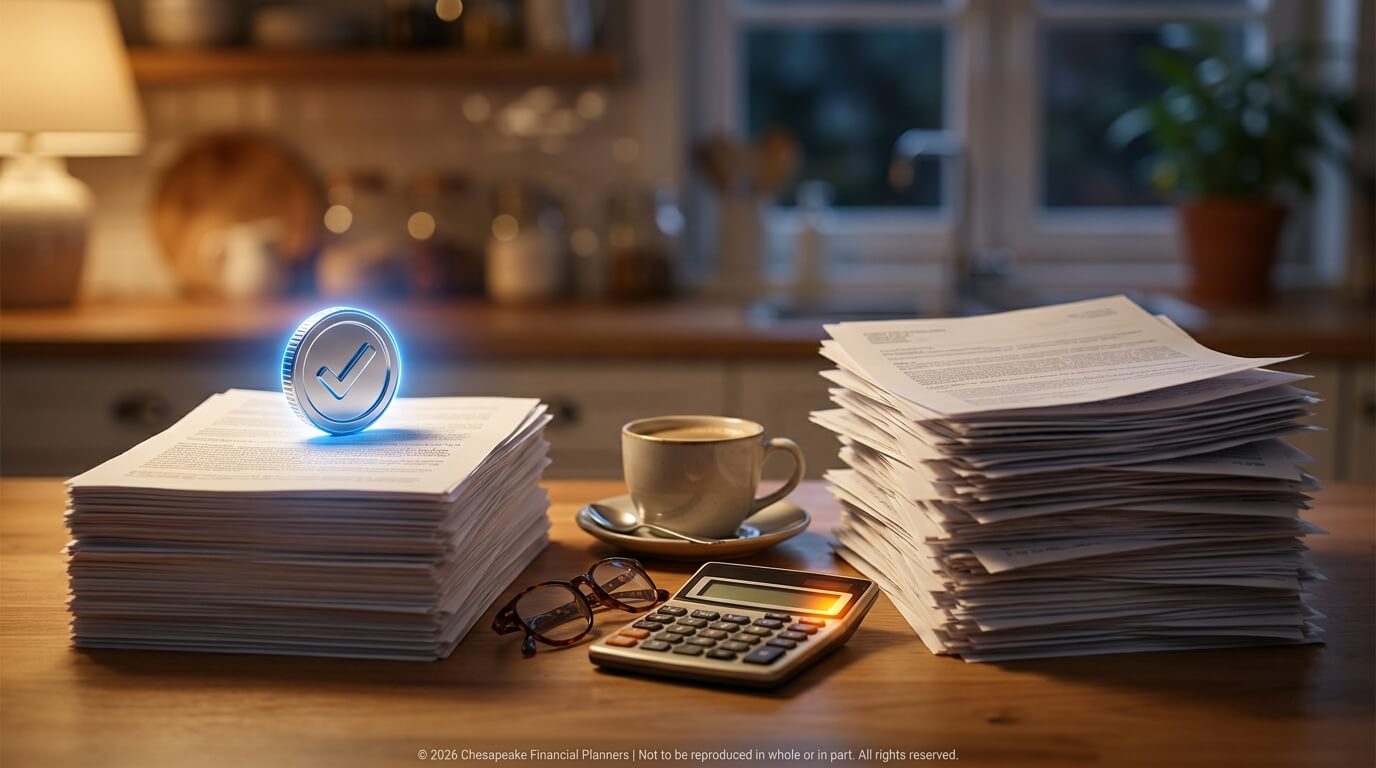Glowing blue checkmark coin atop a stack of papers on a wooden desk, with a coffee cup, glasses, and a calculator nearby.