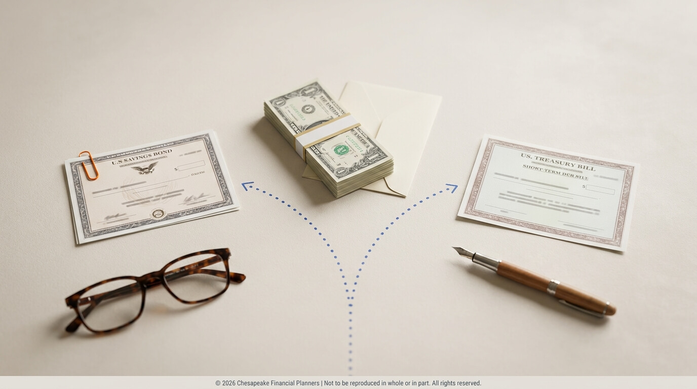 Money bundles, a white envelope, glasses, and two investment certificates on a desk, with a pen nearby, suggesting financial choices.