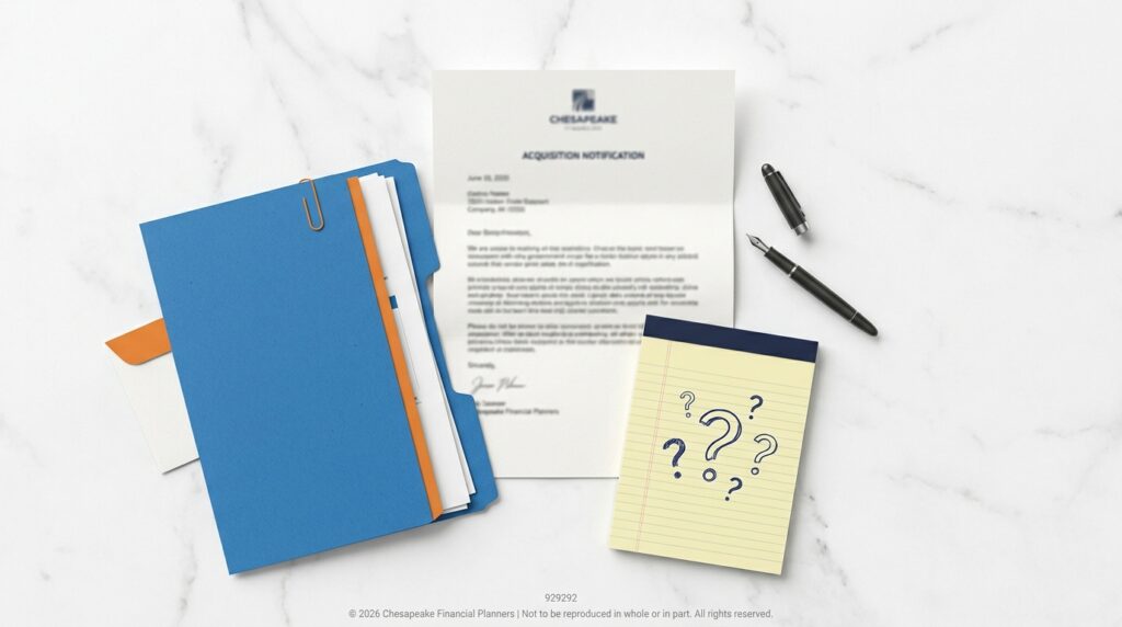 Blue binder with orange divider beside stacked papers on a white marble desk, accompanied by a yellow notepad with question marks and a black pen.