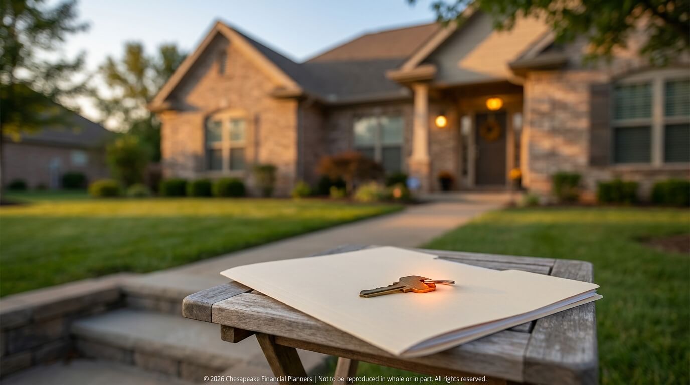 Keys and envelopes sit on a weathered wooden bench in a suburban front yard, with a brick house softly blurred in the background at sunset.