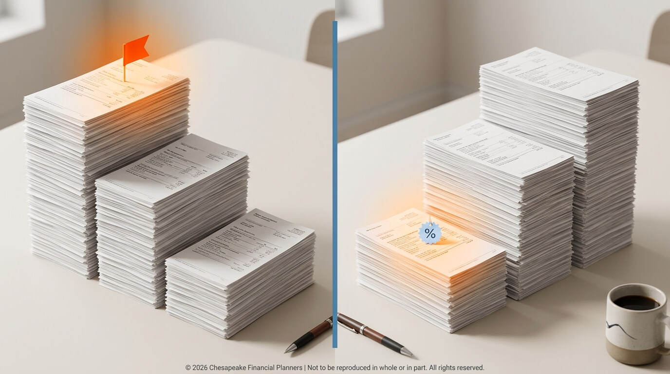 Two tall stacks of white printed documents on a table, split by a blue divider; left stack has an orange flag on top cardstack.