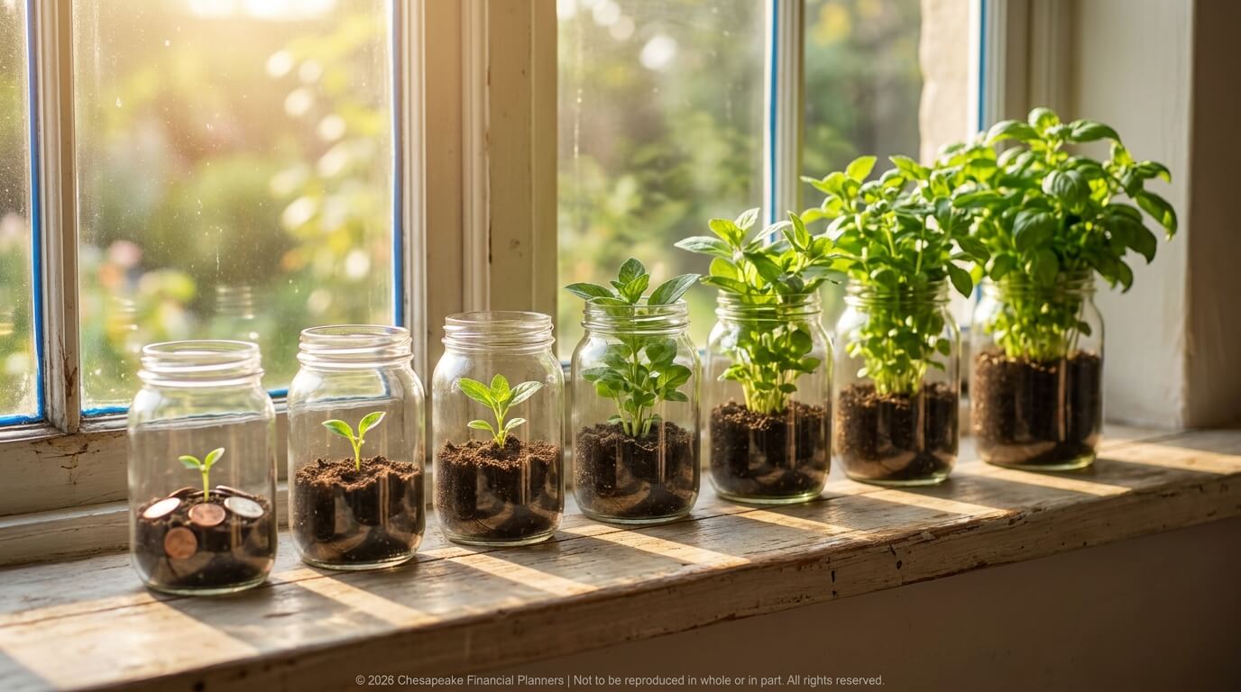 Row of glass jars on a sunlit windowsill, each jar containing soil and small green seedlings; the leftmost jar has coins.