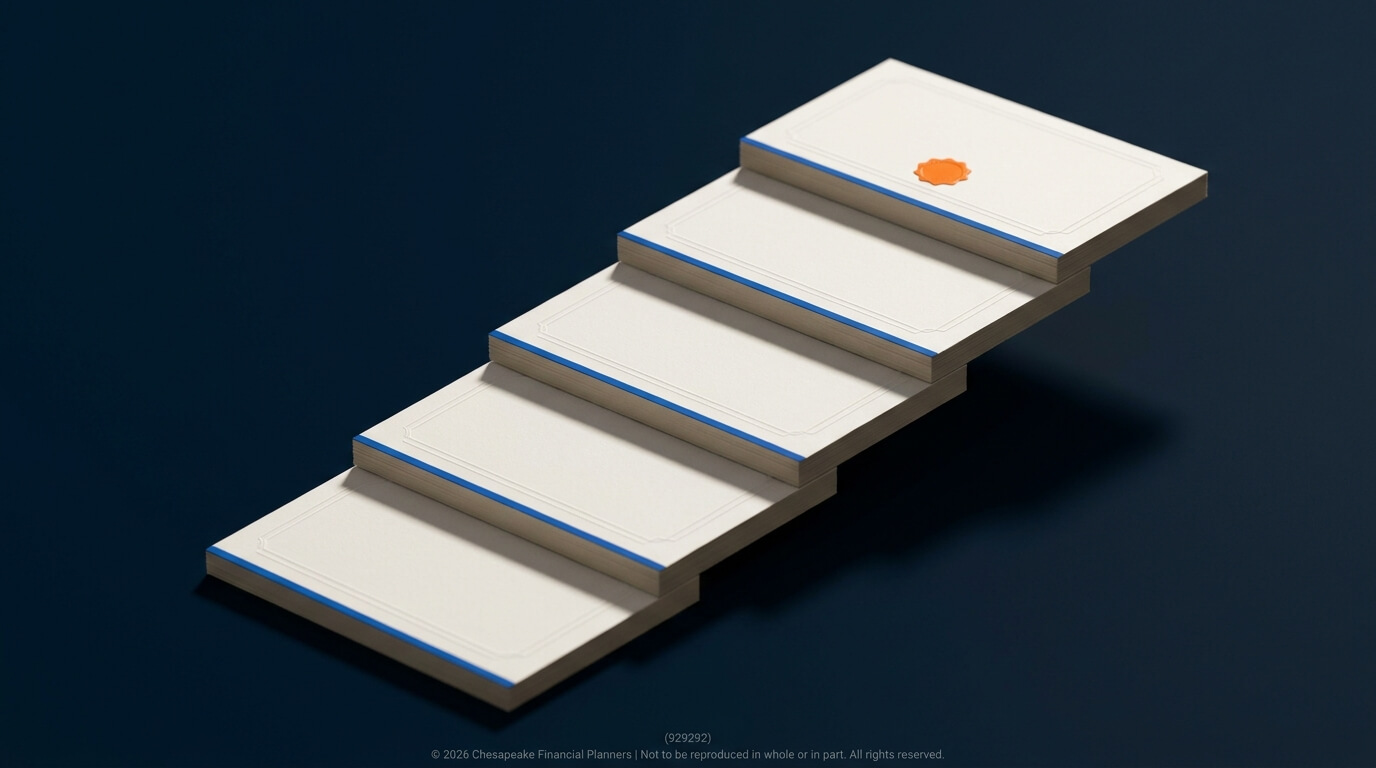 A diagonal stack of white cards with blue edges on a dark blue background, one card showing an orange seal motif at the top.