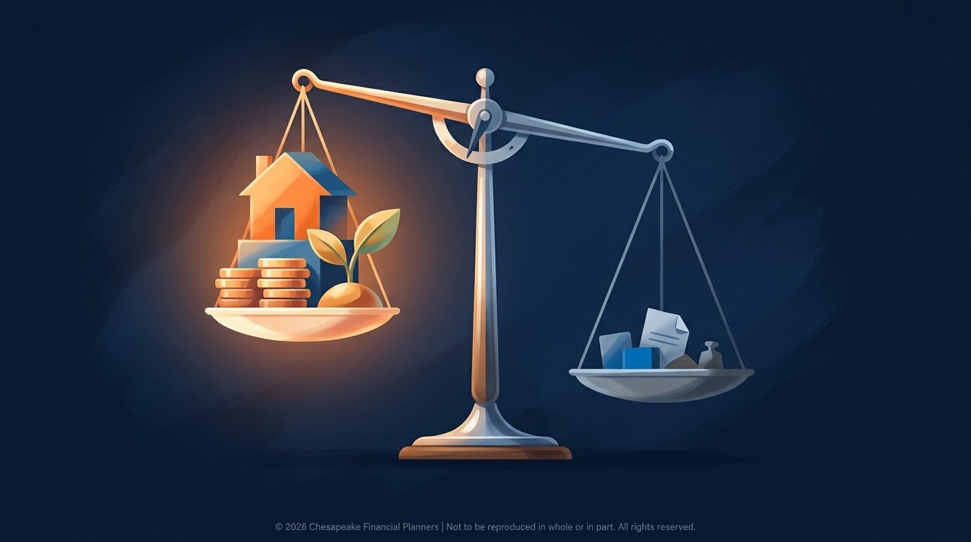 Balance scale with a house, coins, and a plant on the left side, representing assets and growth vs. documents and papers on the right, symbolizing liabilities or obligations in financial planning.
