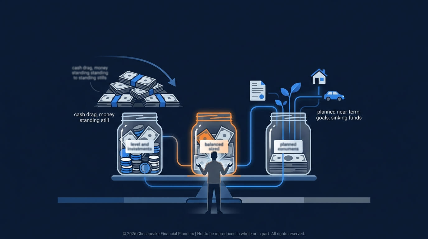 Person stands before a three-jar money-management diagram: left jar with coins and cash, middle jar balancing funds, right jar with stacks of money linked to goals like house and car and a tree/plant icon representing planned goals.
