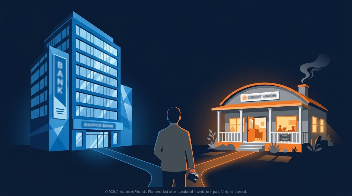 Man stands at a crossroads between a tall blue bank on the left and a warmly lit orange credit union on the right, holding a briefcase.