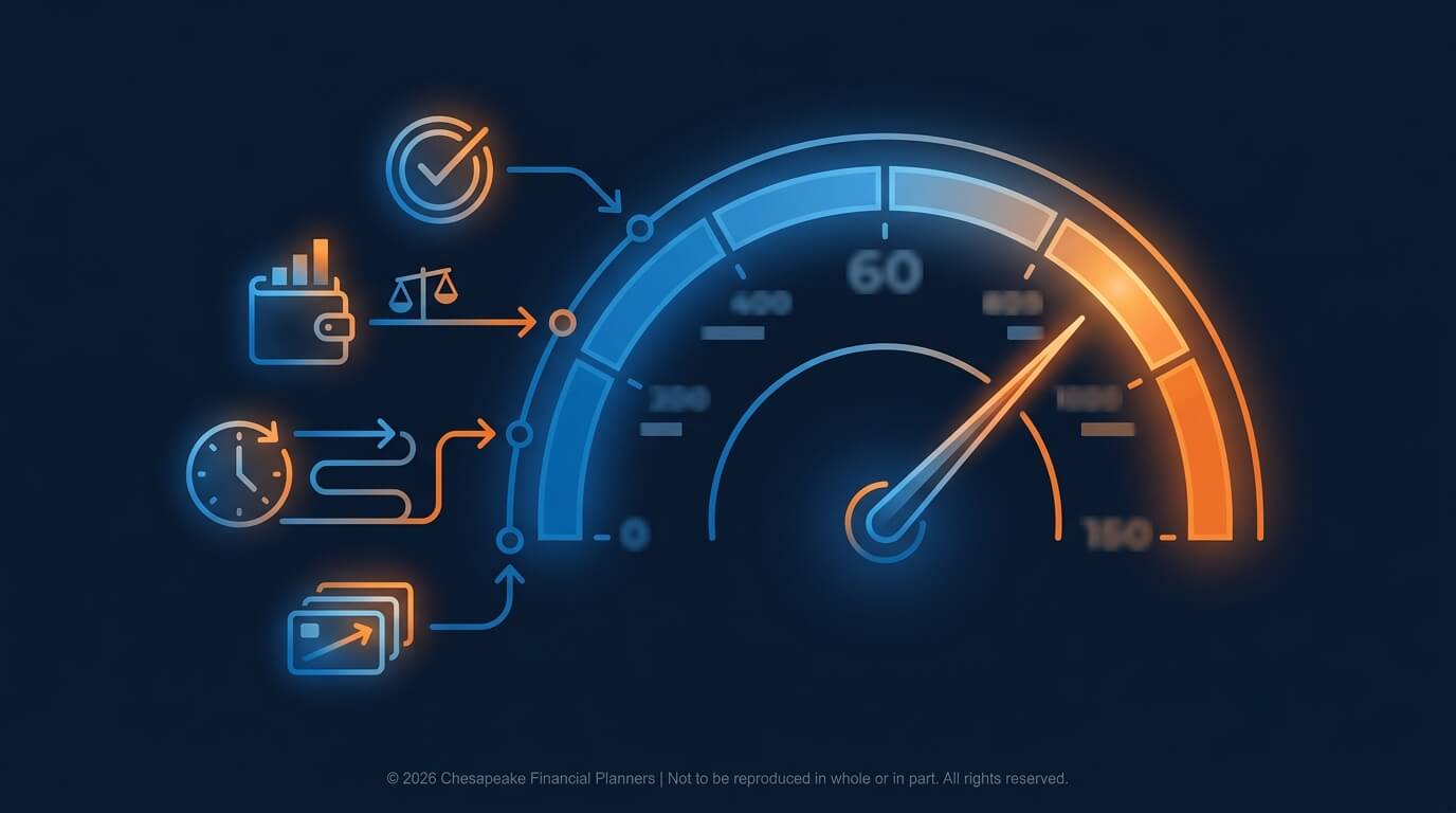 Neon speedometer infographic representing financial performance, with calendar, clock, scales, and cards icons on the left.