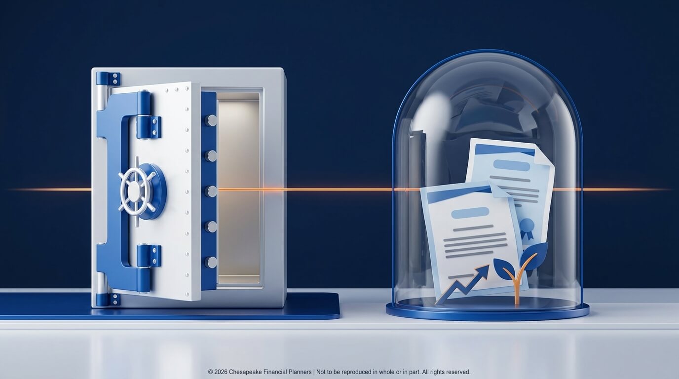 Open safe connected by an orange line to a glass dome holding documents and a sprouting plant, symbolizing secure data growth.