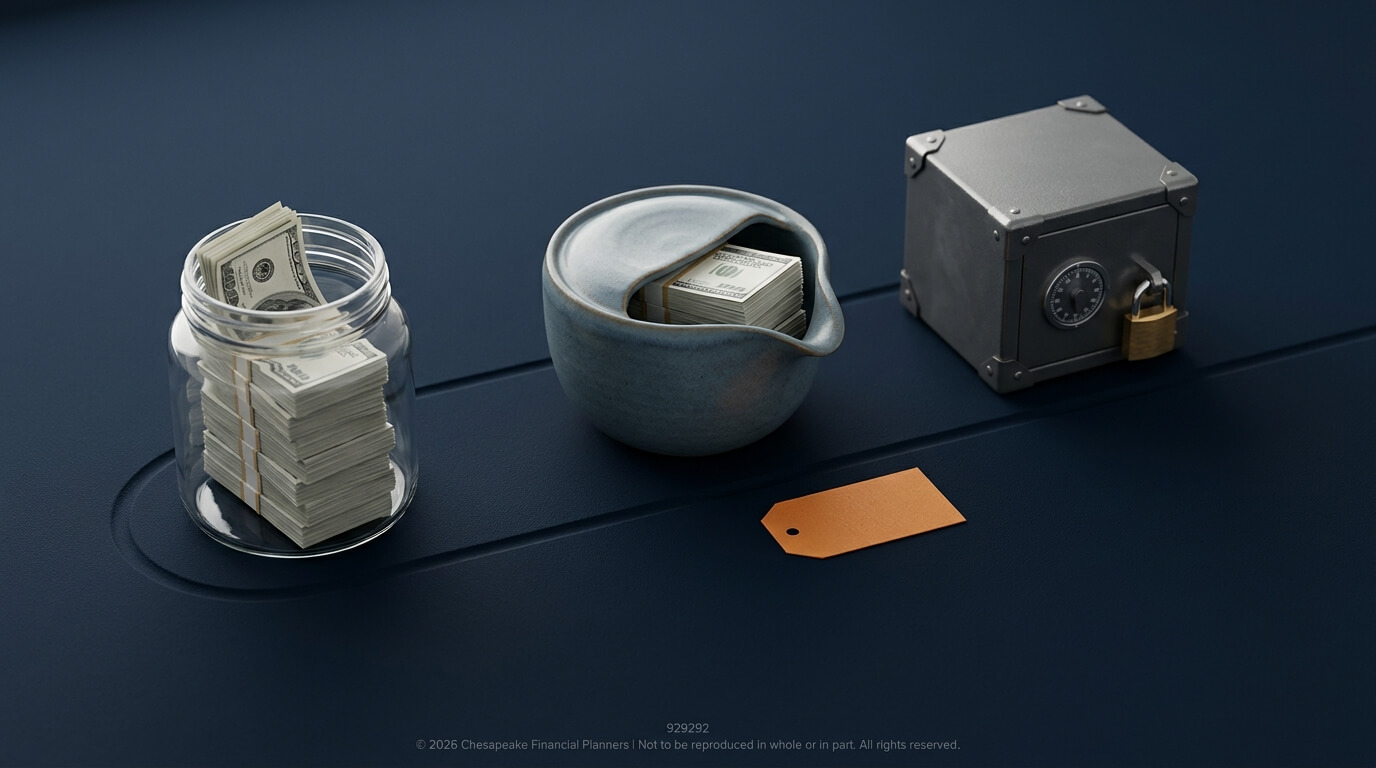 Stacks of cash in a glass jar, a ceramic money bowl with more bills, a locked metal safe, and an orange tag on a dark surface.