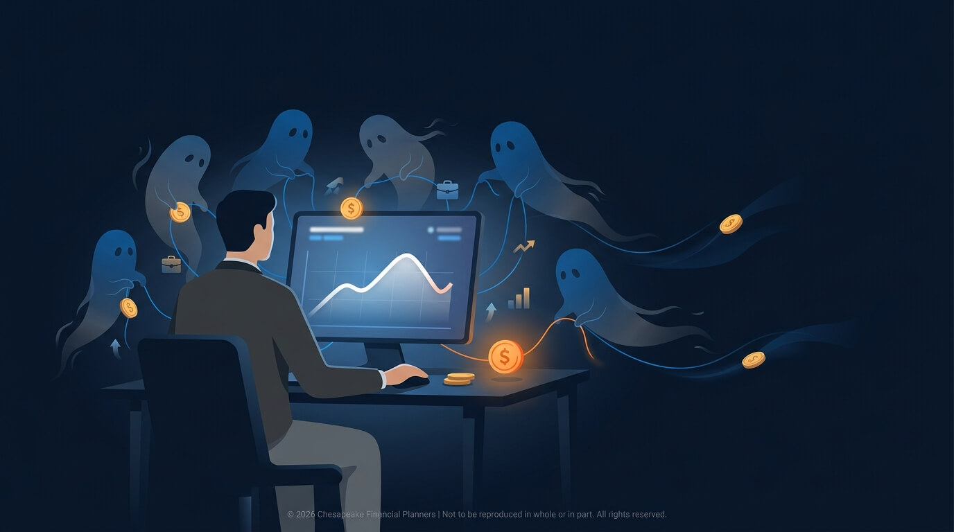 A person in a suit sits at a desk, analyzing rising and falling charts on a computer monitor as ghost-like figures hover around, symbolizing financial threats or risks.