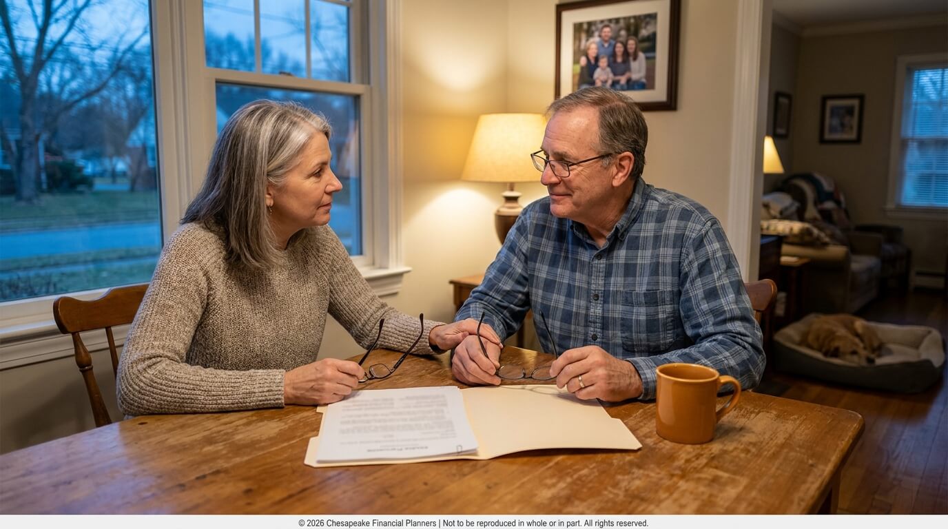 Older couple sits at a wooden table reviewing documents together, glasses in hand, a mug nearby as they converse.
