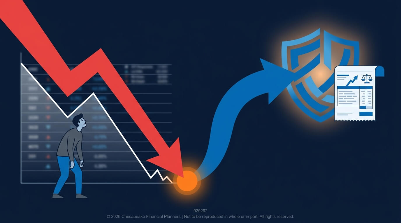 Person walking beside a large downward-trending stock chart with a red arrow, while a blue arrow curves toward a glowing shield and a financial document, symbolizing security amid risk.