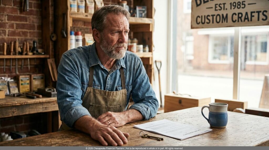Older man with gray beard and denim shirt sits at a wooden workbench in a craft shop, looking thoughtful with papers and a key on the table.