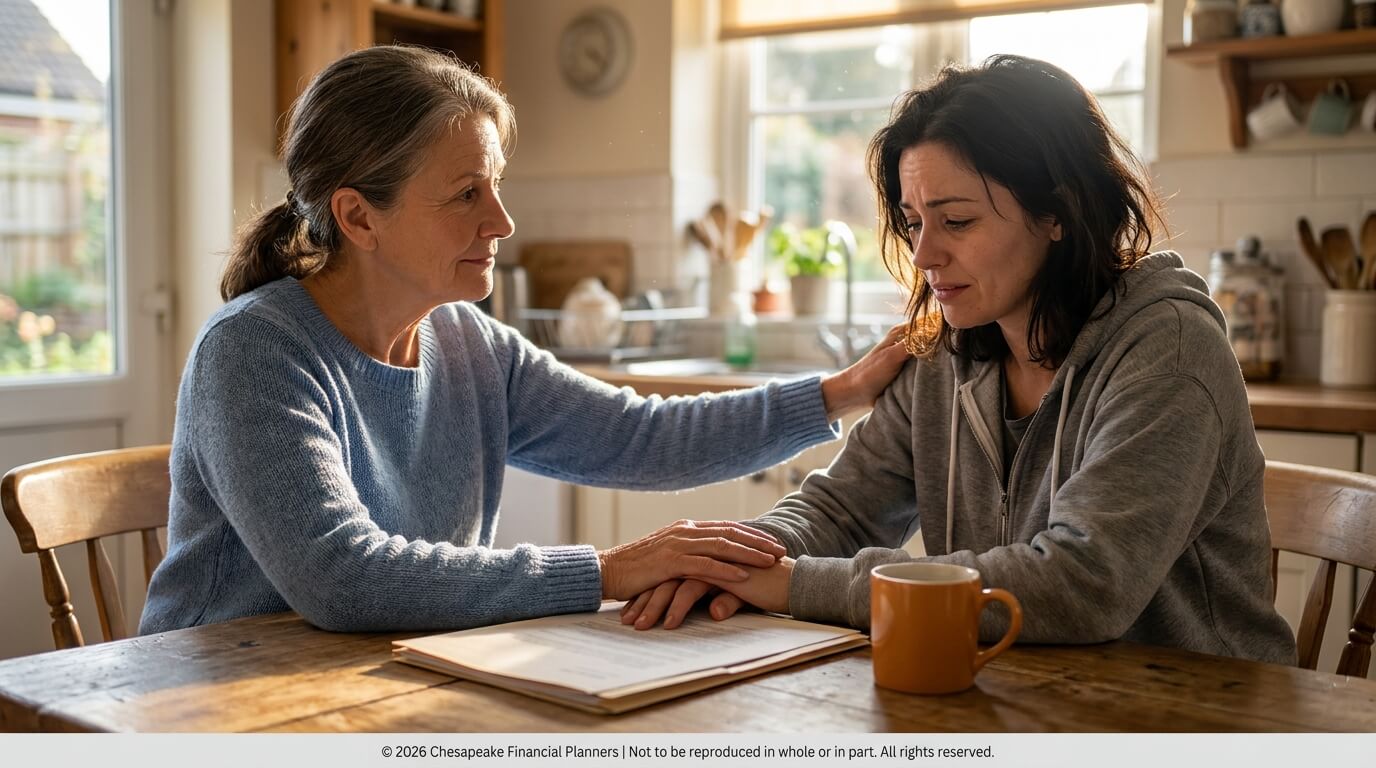 Older woman in a blue sweater gently supports a younger woman in a gray hoodie at a sunny kitchen table, holding hands.