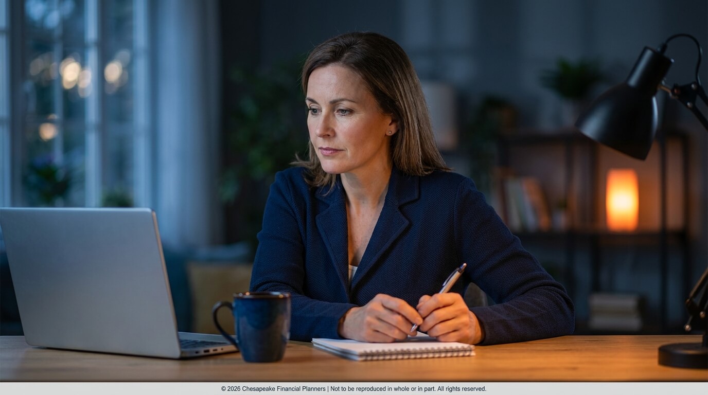 Professional woman in a blue blazer sits at a wooden desk with an open laptop, taking notes in a notebook with a pen and a mug nearby in a softly lit office.