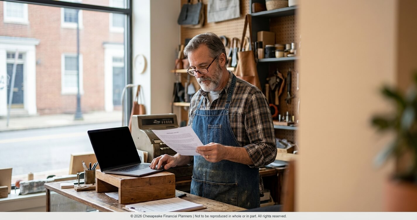 Older man in a denim apron reviews documents at a woodwork shop with a laptop on the workbench, surrounded by tools.