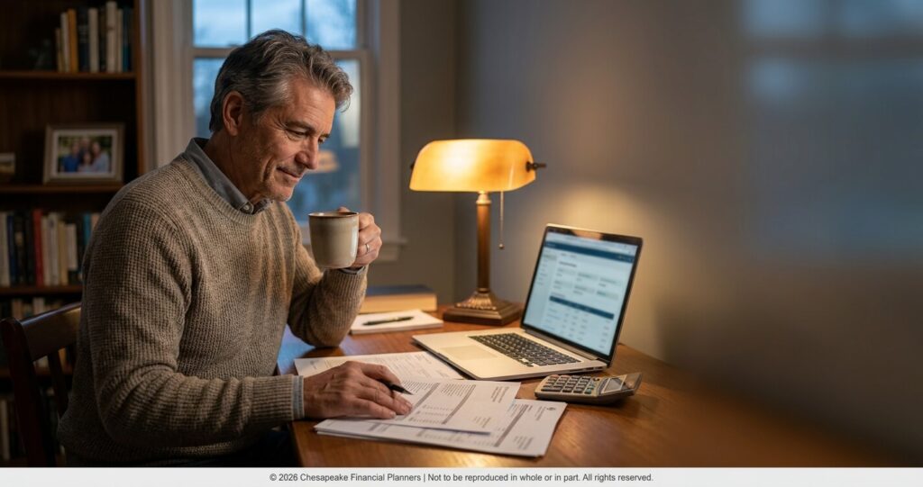 featured-image | Chesapeake Financial Planners Older man in a beige sweater sits at a wooden desk, drinking coffee while reviewing financial documents with a laptop and calculator nearby in a cozy home office se tting.