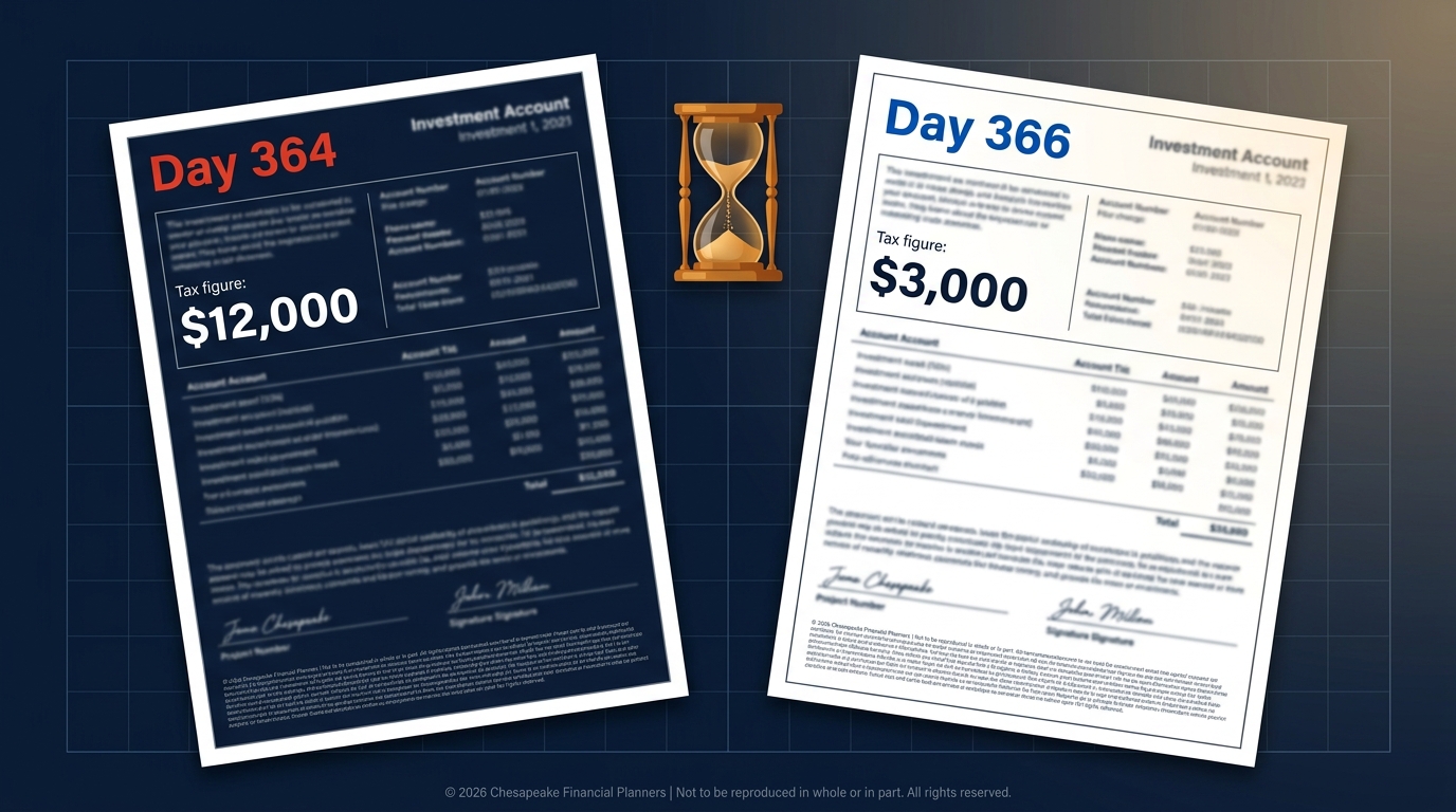 Two printed investment statements labeled Day 364 and Day 366, with an hourglass between them on a grid background; Day 364 shows $12,000, Day 366 shows $3,000.
