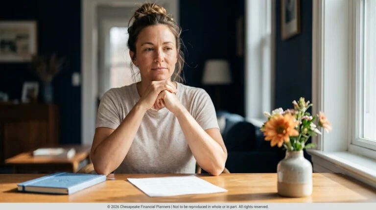 Woman sits at a wooden table with papers and a book, hands folded under her chin, looking thoughtful by a sunlit window with a vase of flowers nearby.