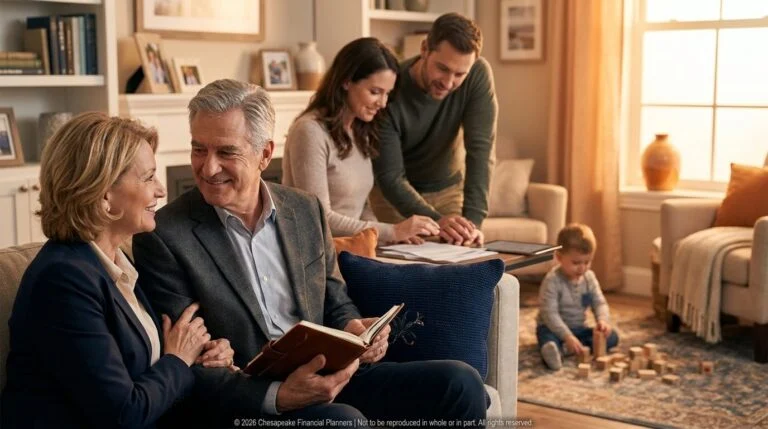 Older couple on a sofa smiling at a notebook while a younger couple reviews papers at a coffee table; a toddler builds with wooden blocks in the background, in a cozy living room.