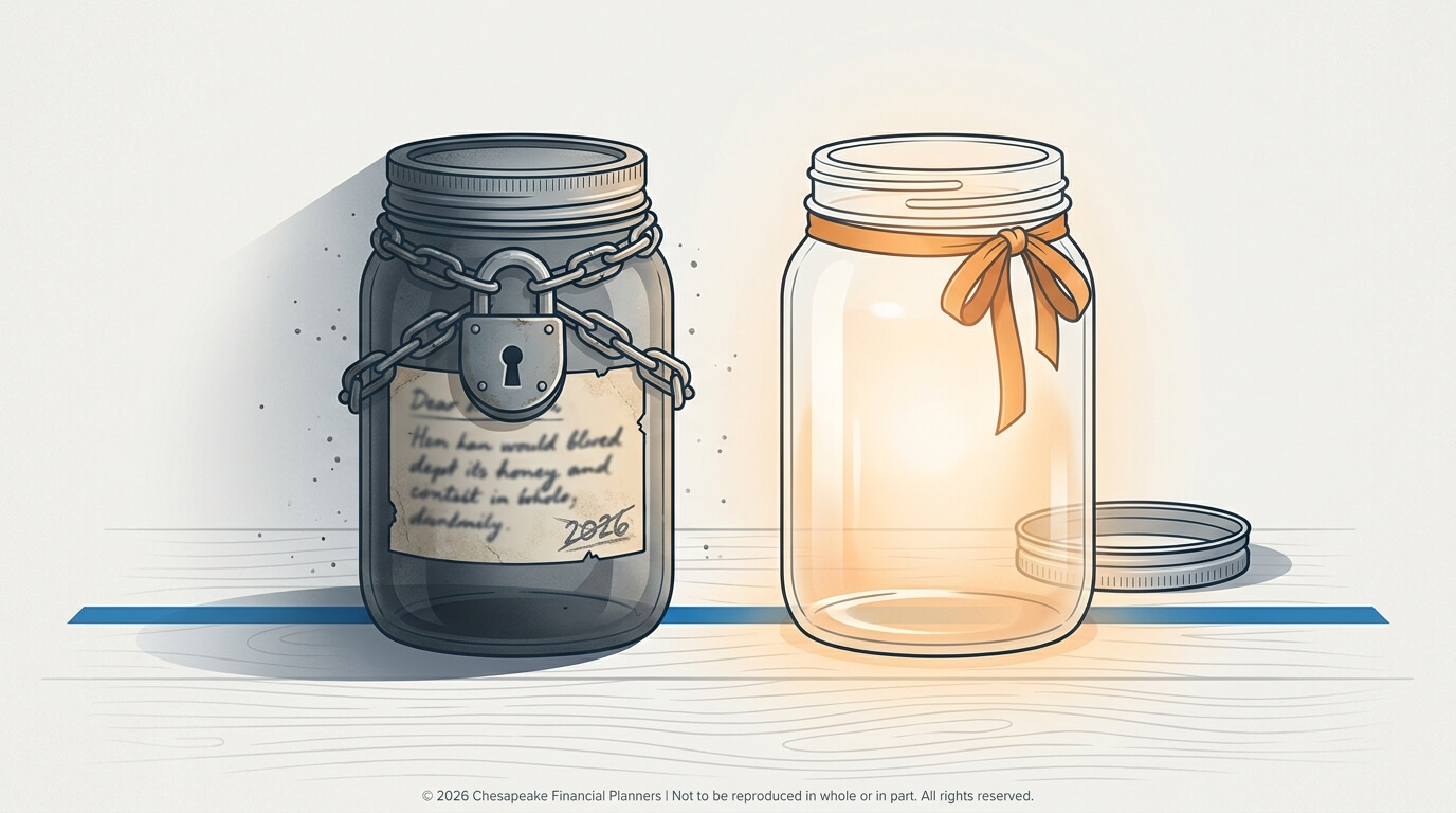A dark glass jar is chained and locked with a padlock, with a handwritten note inside; beside it sits a clear glass jar with an orange ribbon.