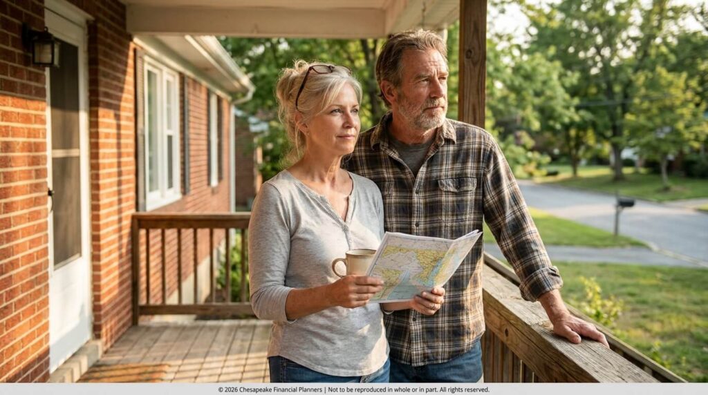 Two adults stand side by side on a brick porch, studying a folded map together; the woman holds a mug in one hand while the man rests his hand on the railing and points at the map.