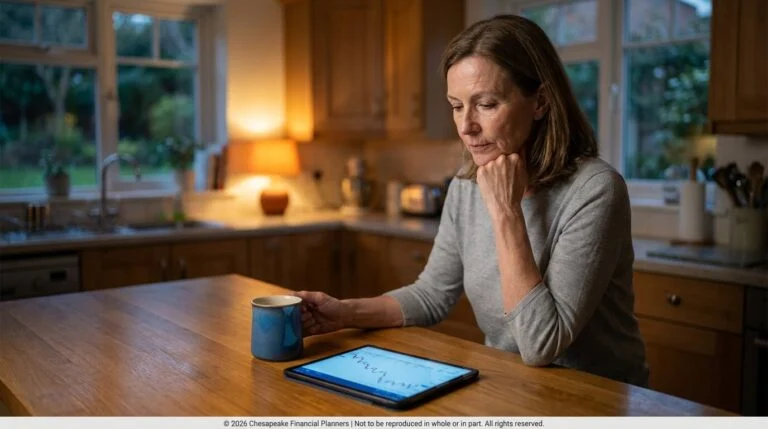 Older woman in a gray sweater sits at a wooden kitchen island, resting her chin on her hand while looking at a tablet next to a blue mug.